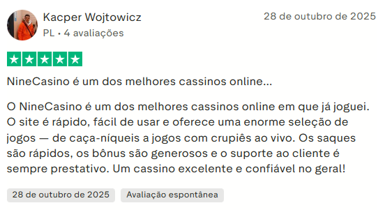 Avaliação de cliente Nine Casino